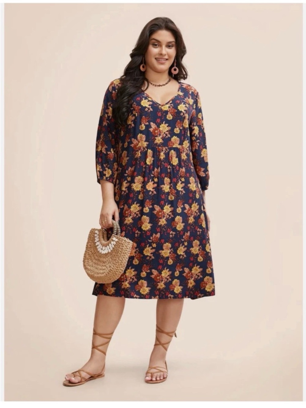 BloomChic Supersoft Essentials Floral Print Pocket V Neck Dress Blue 14-16/1X